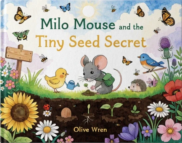 Book mockup: Milo Mouse and the Tiny Seed Secret
