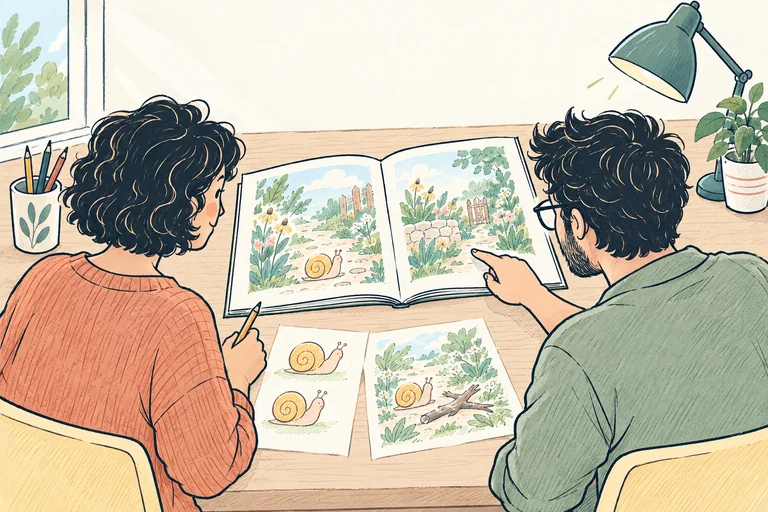 Over-the-shoulder view of two adult collaborators reviewing a book dummy facing them and paper references for a snail character