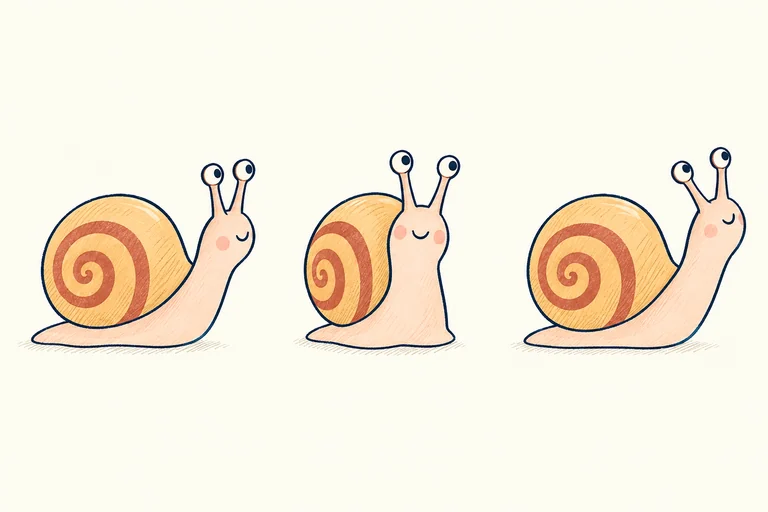 Three reference drawings of Nell, the same peach-bodied snail with a honey-gold spiral shell, seen in different poses