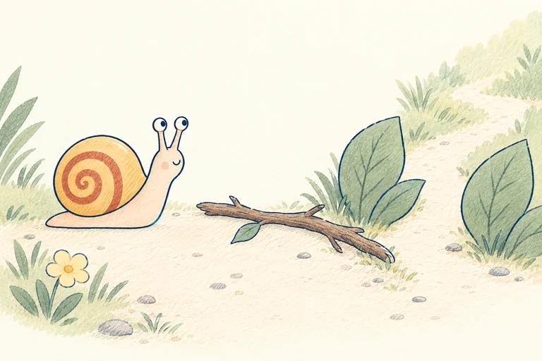 Nell pauses beside a fallen branch while a garden path curves around it toward the upper right