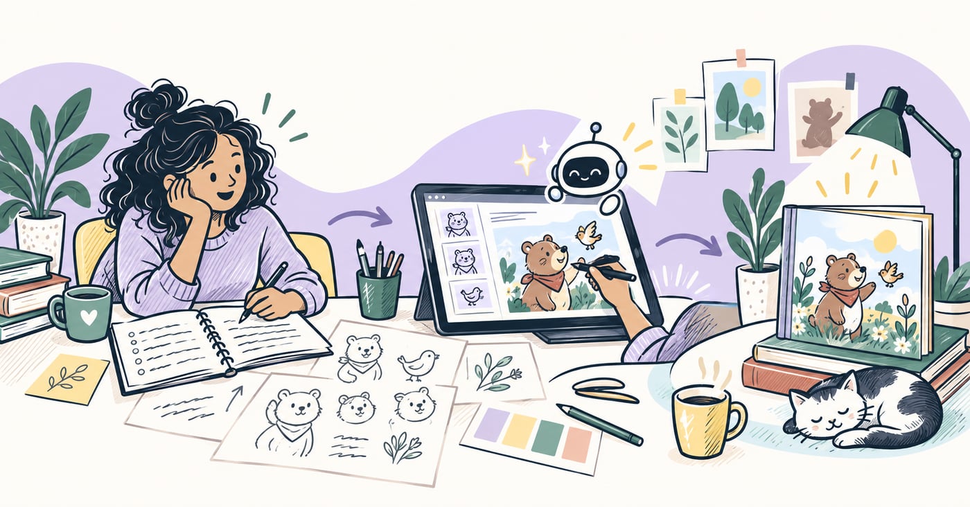 An author developing an outline, character sketches and a picture book with a drawing tablet