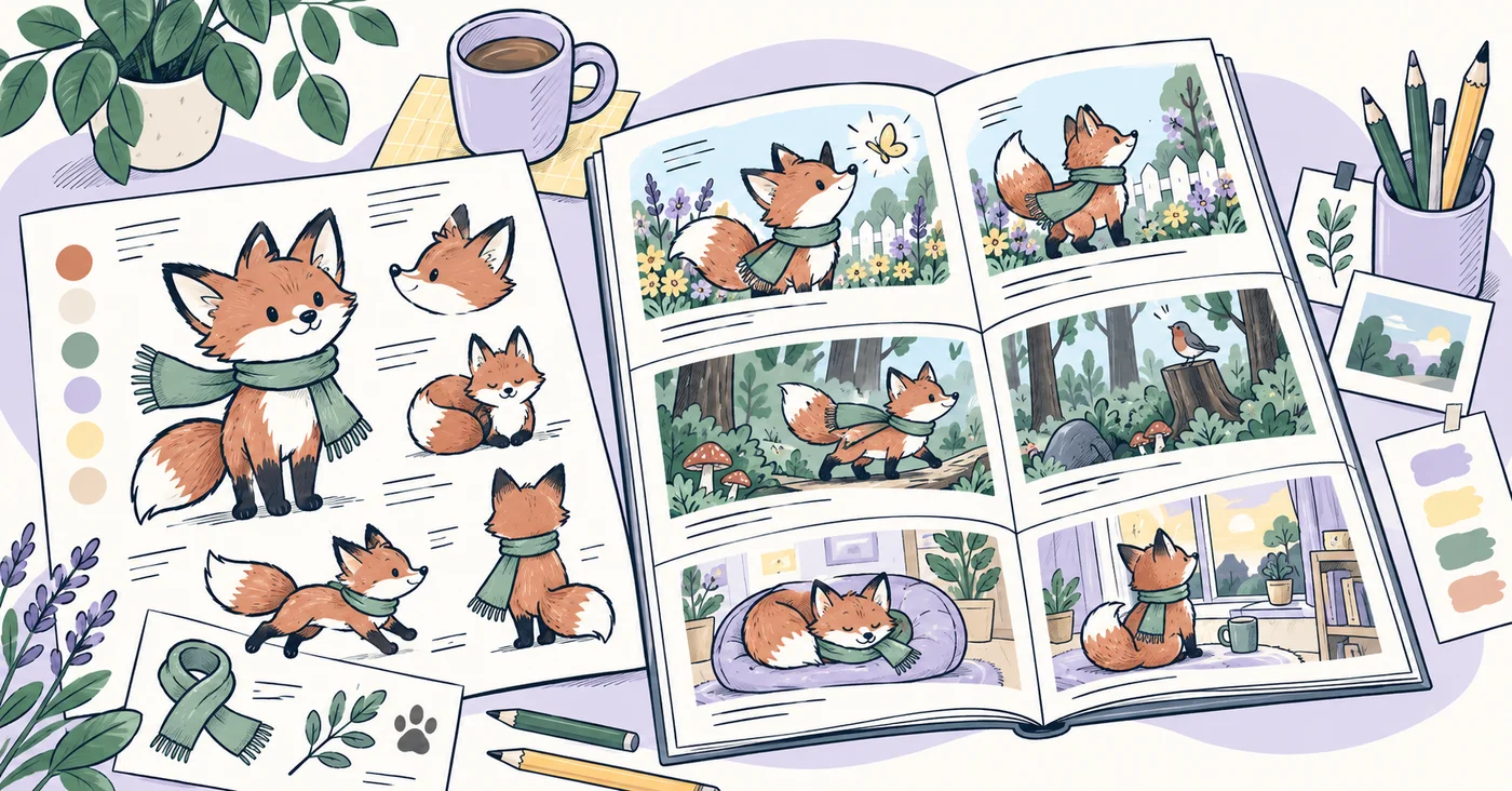A fox character reference and three matching story spreads with consistent clothing and colours