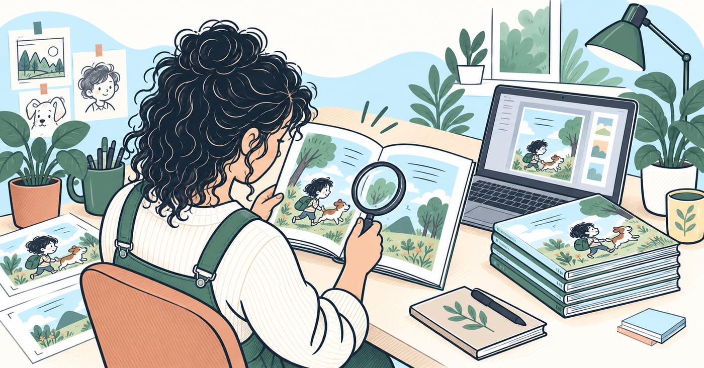 Over-the-shoulder view of an author inspecting a picture-book proof with its pages facing her, beside a laptop and finished books