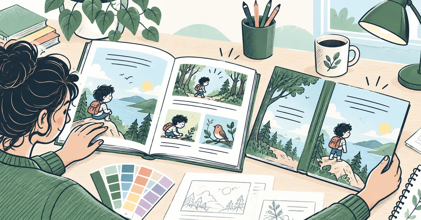 An open print proof, unfolded cover design, ruler and colour swatches on a desk