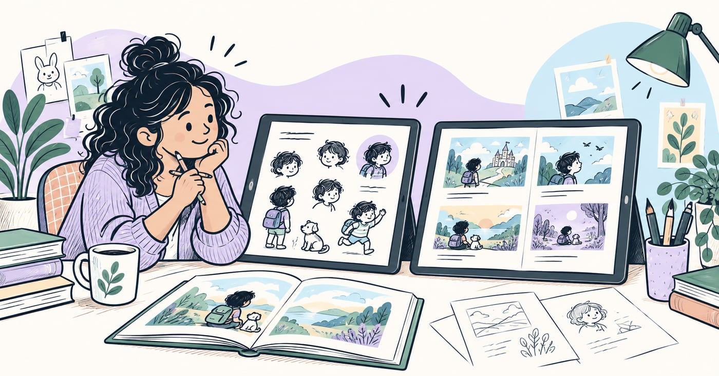 A creator comparing character and page-layout tools alongside an open picture book