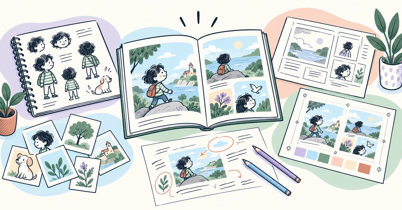 Story notes, character cards, page layouts, print proof and annotation sheets arranged together