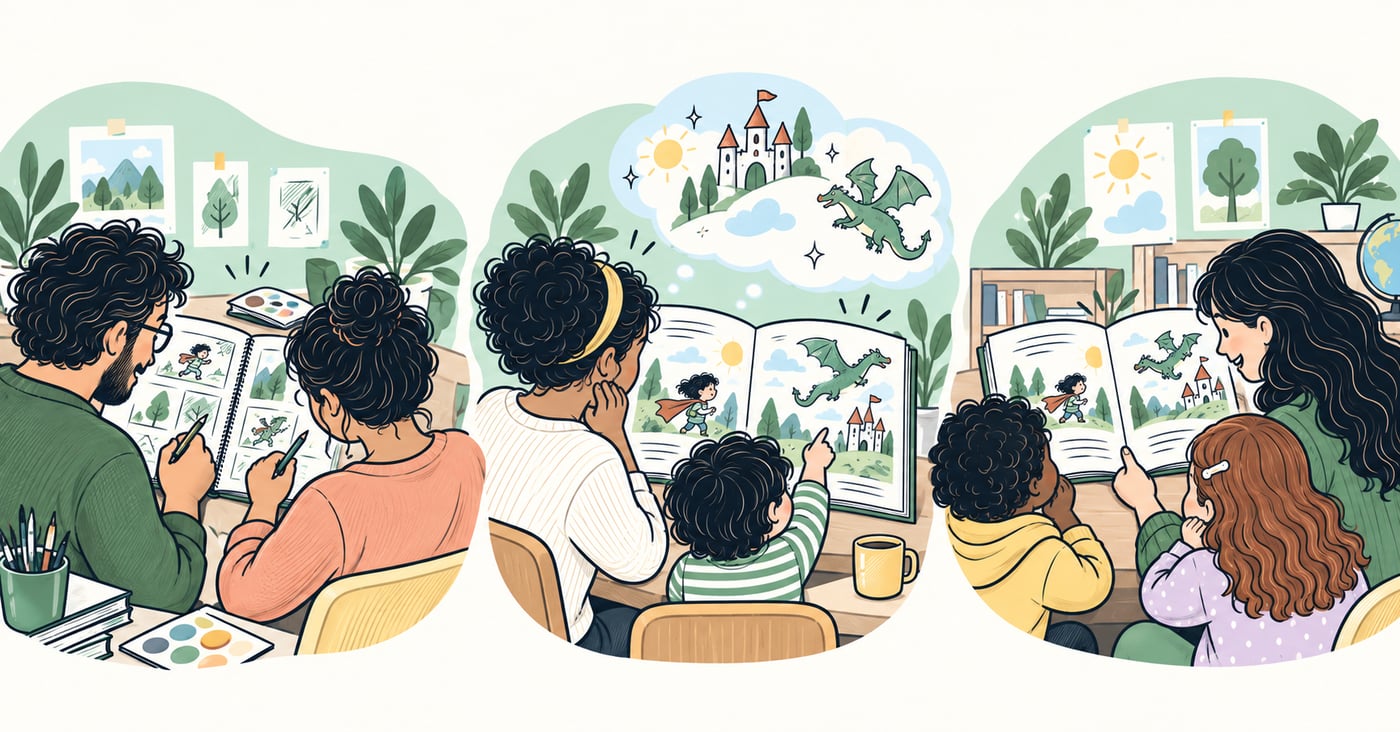 Over-the-shoulder views of creators, a parent and child, and a teacher with pupils using picture books with the pages facing them