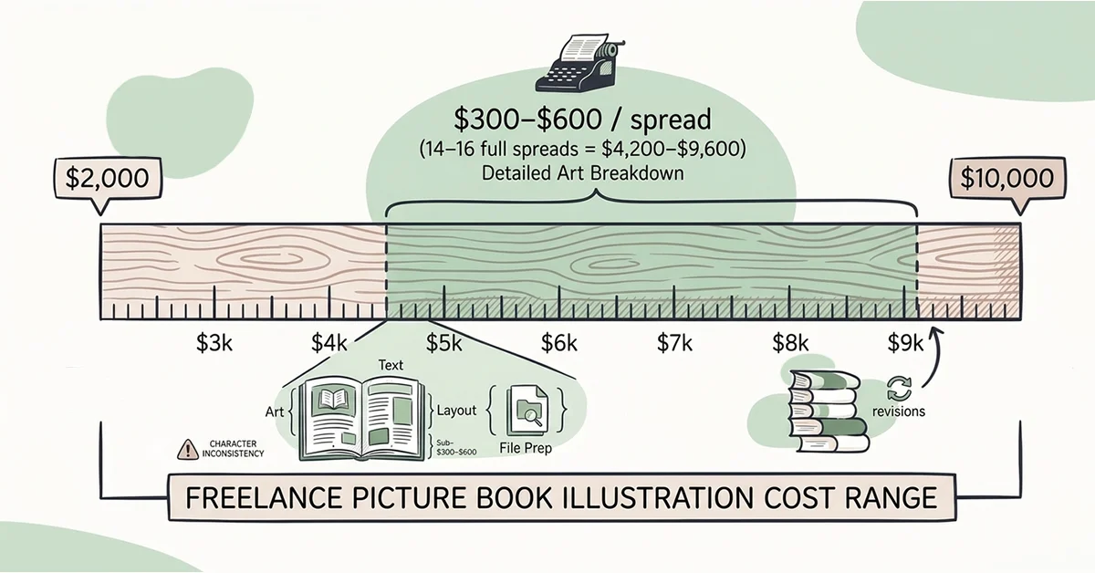 Illustration-budget example showing $300–$600 per spread and $4,200–$9,600 for 14–16 spreads within a broader $2,000–$10,000 allowance