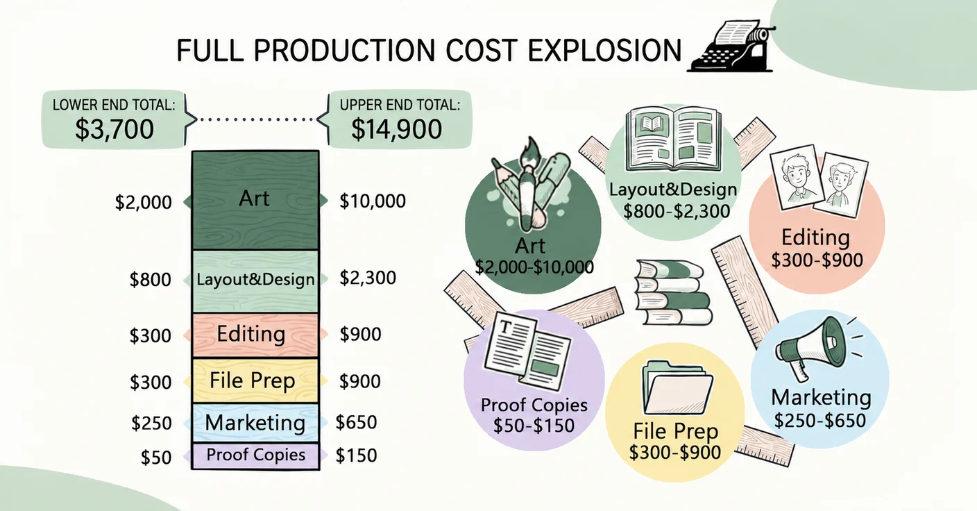 Illustrative children's book budget: illustration $2,000–$10,000, design $800–$2,300, editing $300–$900, file preparation $300–$900, marketing $250–$650, and proofs $50–$150