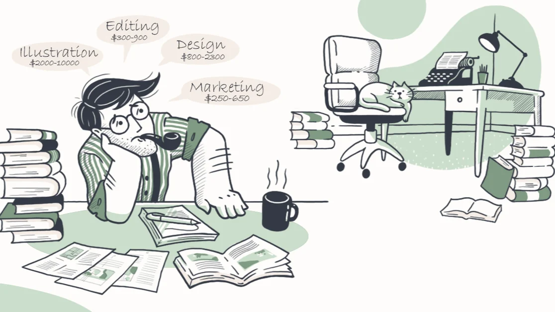 An author reviewing illustration, editing, design, and marketing expenses beside a writing desk