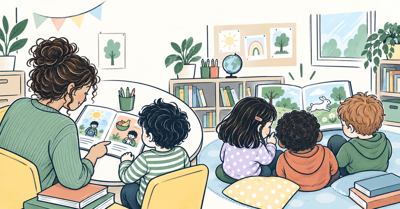 Over-the-shoulder view of a teacher and pupils reading social storybooks with the illustrated pages facing them