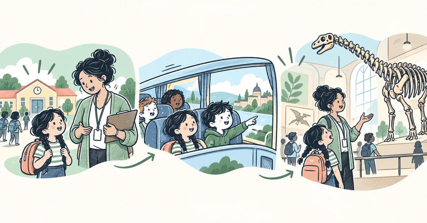 Three illustrated pages showing a child preparing for a class bus trip to a museum
