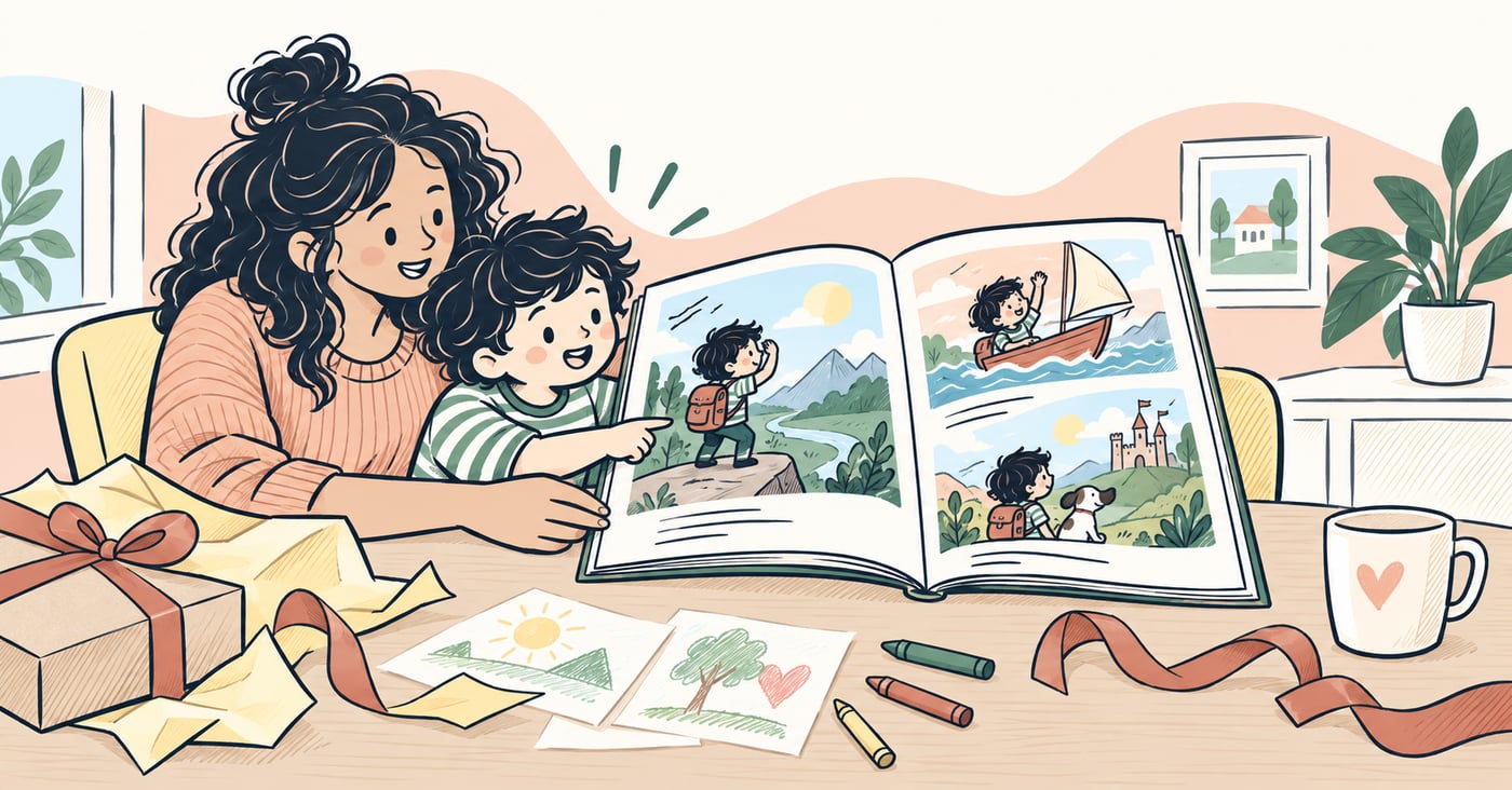 A parent and child reading a personalized illustrated storybook together