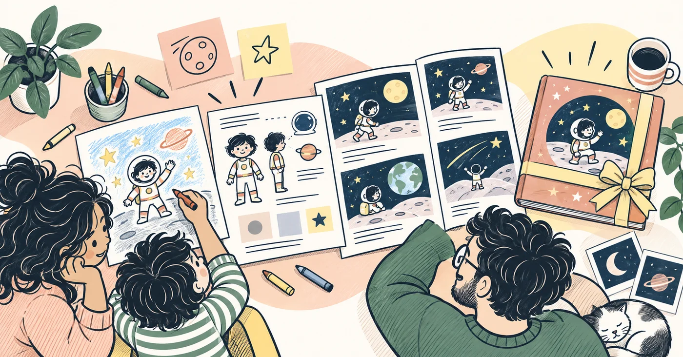 A family shaping a child's space-adventure story from drawing and character ideas into illustrated book pages