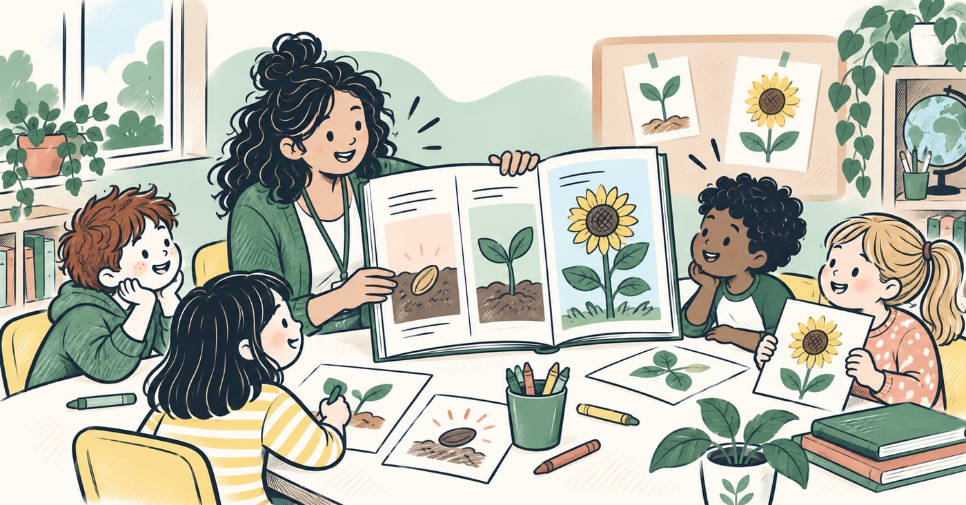 A teacher and pupils sharing a classroom picture book about growing a sunflower