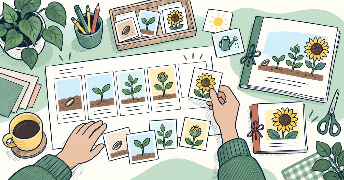 A teacher arranging seed, sprout and sunflower pictures into classroom book pages