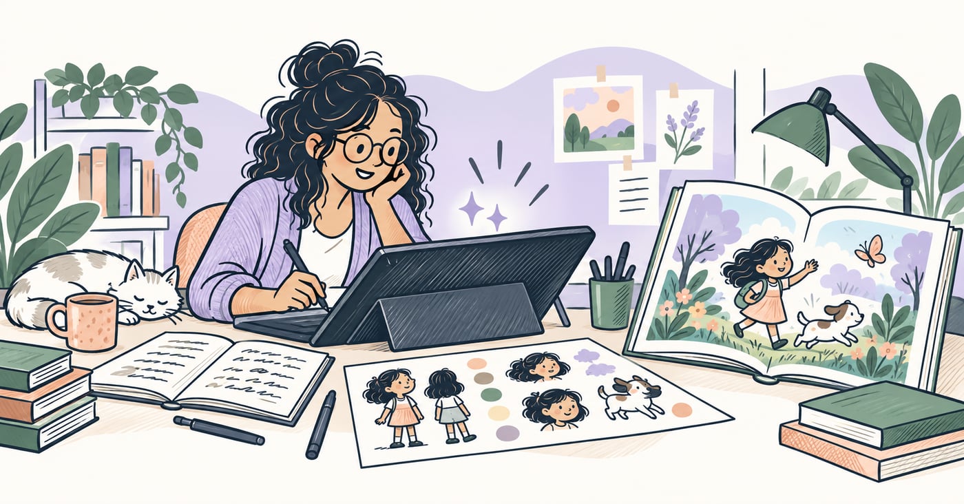 An author reviewing an AI-assisted illustration with her manuscript and character reference nearby