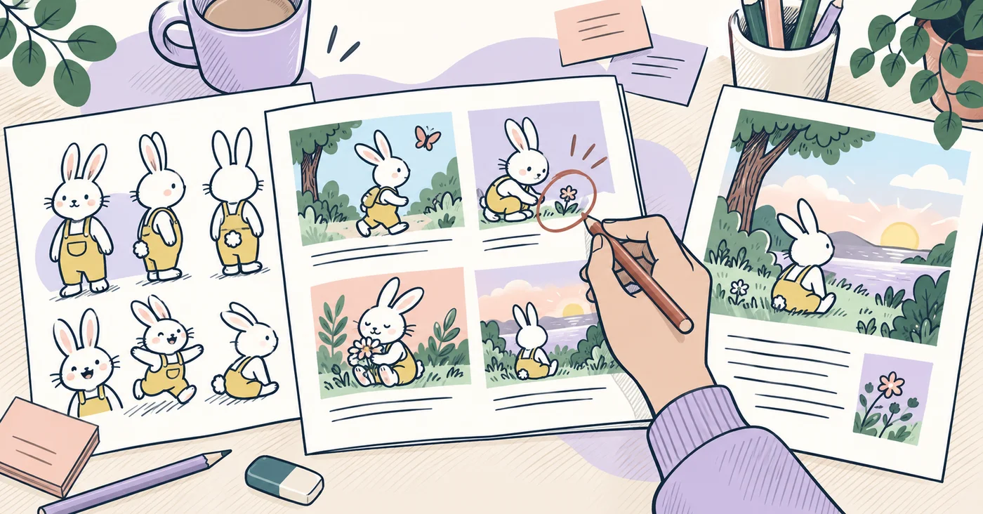 A rabbit character reference and several story layouts being checked and revised