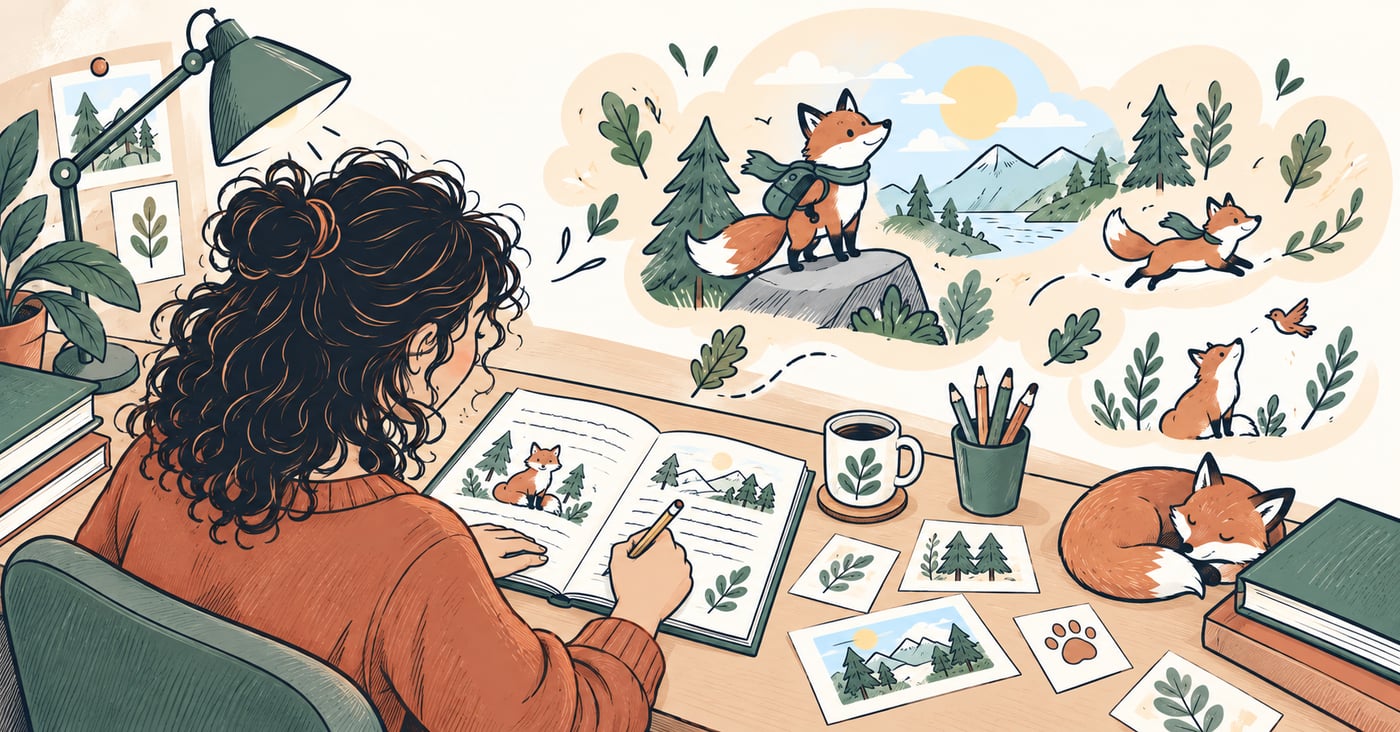 Over-the-shoulder view of an author writing in an upright notebook while imagining a fox's woodland adventure