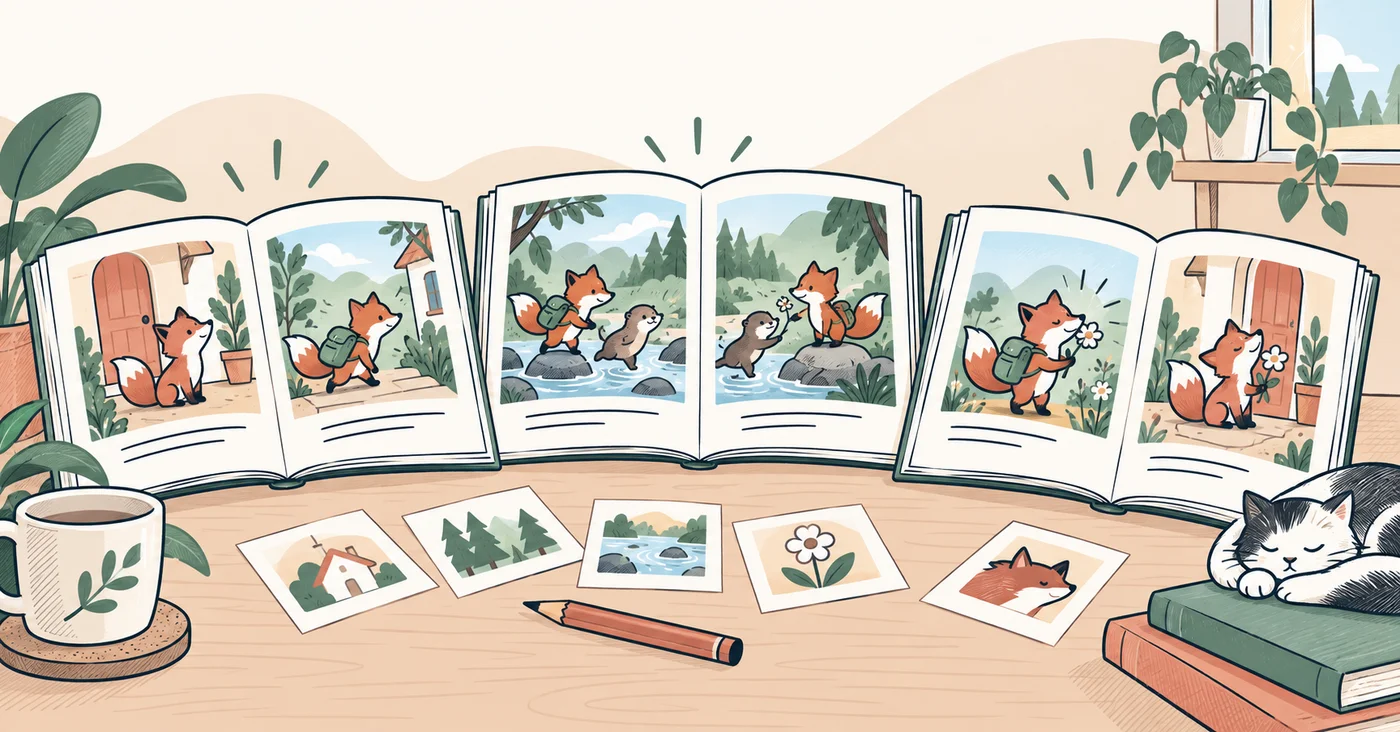 Three planned story spreads showing a fox's departure, woodland adventure and return