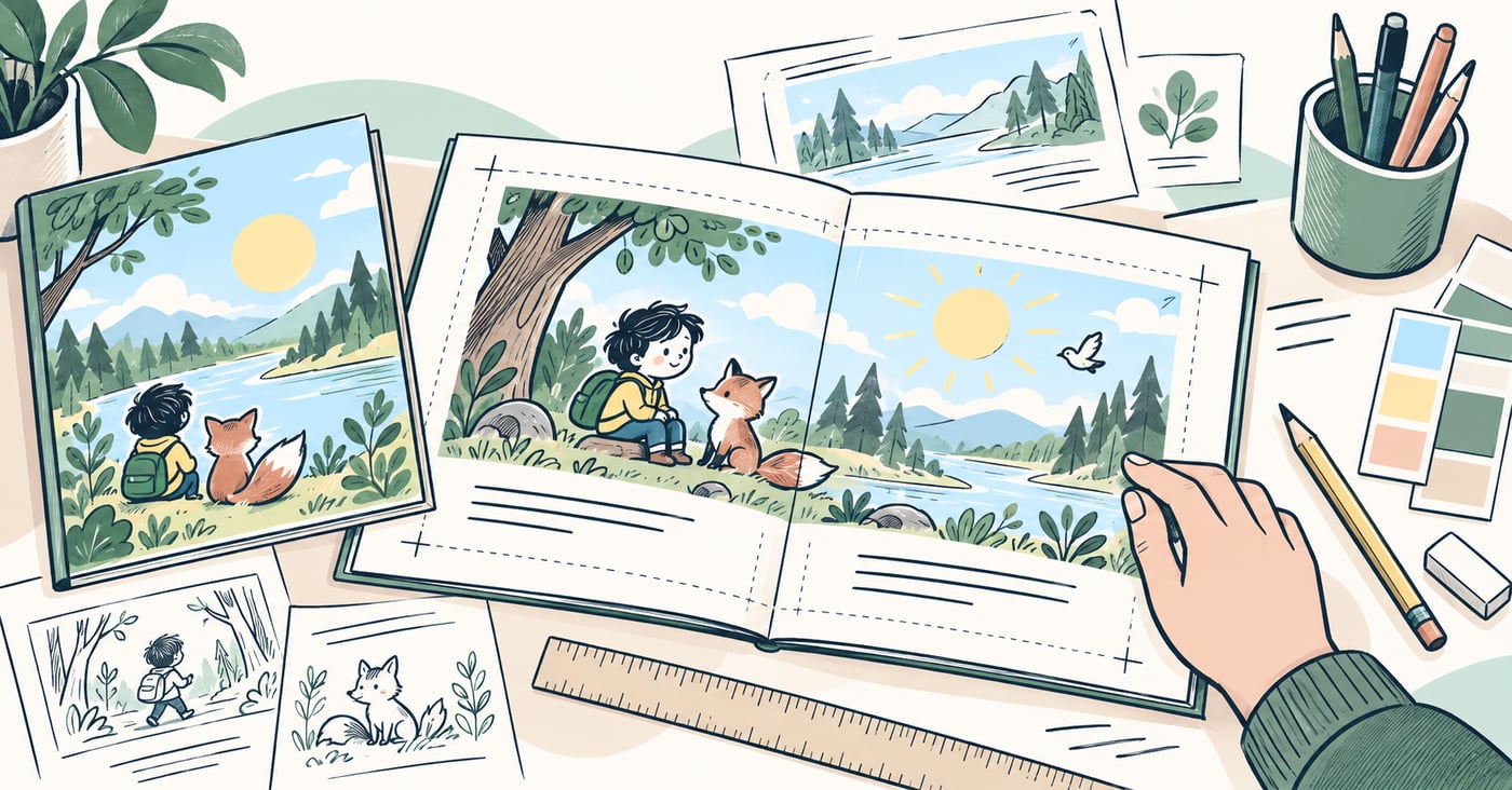 A picture-book page layout with inset guides, ruler and separate cover sheet