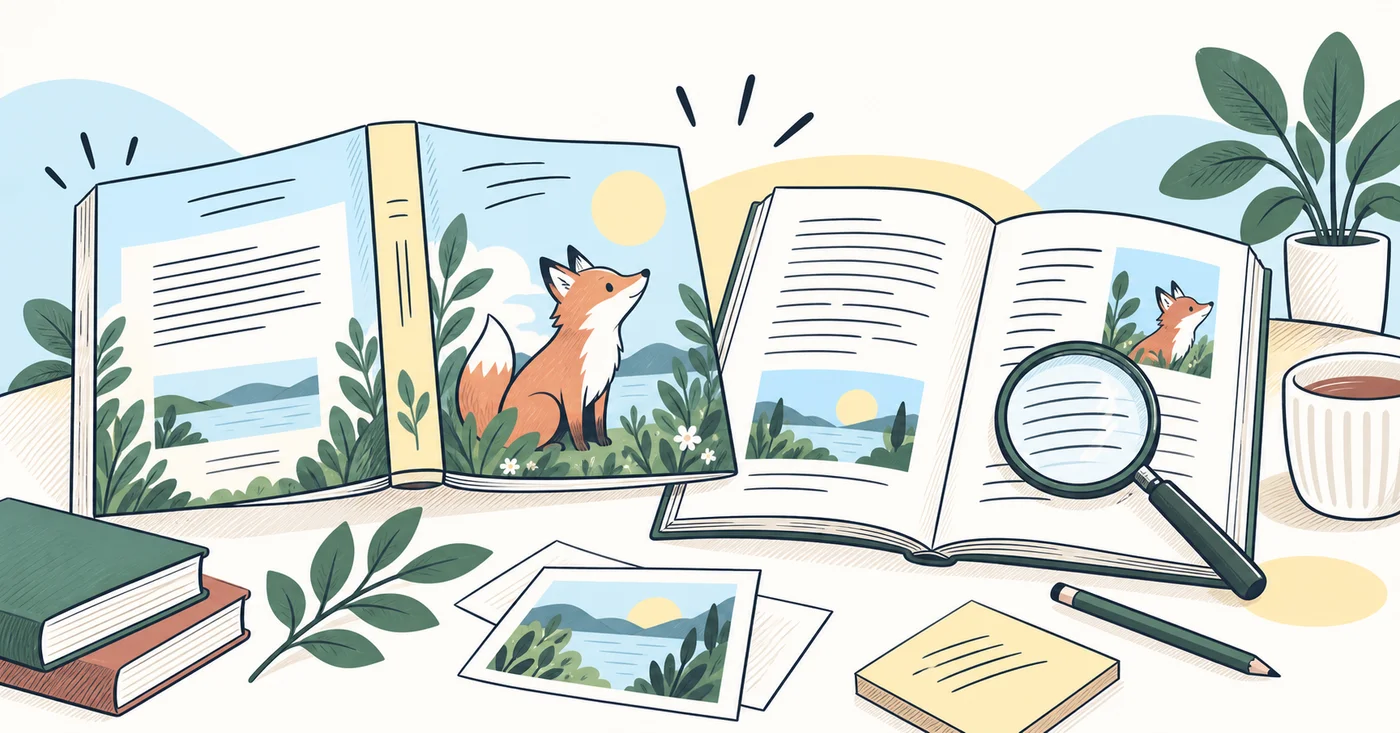 A full paperback cover spread beside an interior proof and magnifying glass
