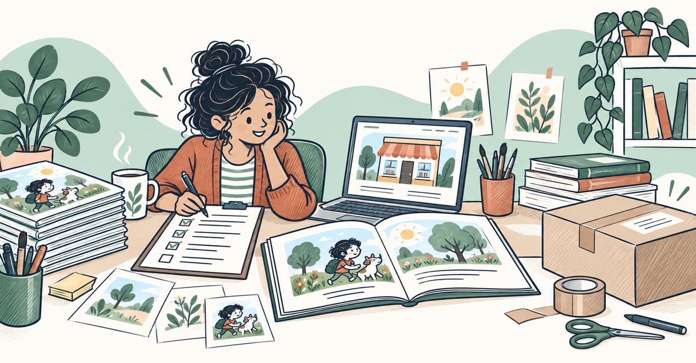 An independent author checking a manuscript, print proof and book listing before publication