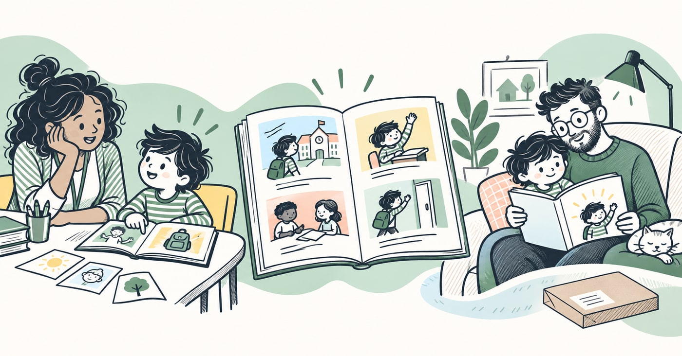 Hand-drawn illustration of a teacher and child planning a picture book, with a caregiver and child reading at home