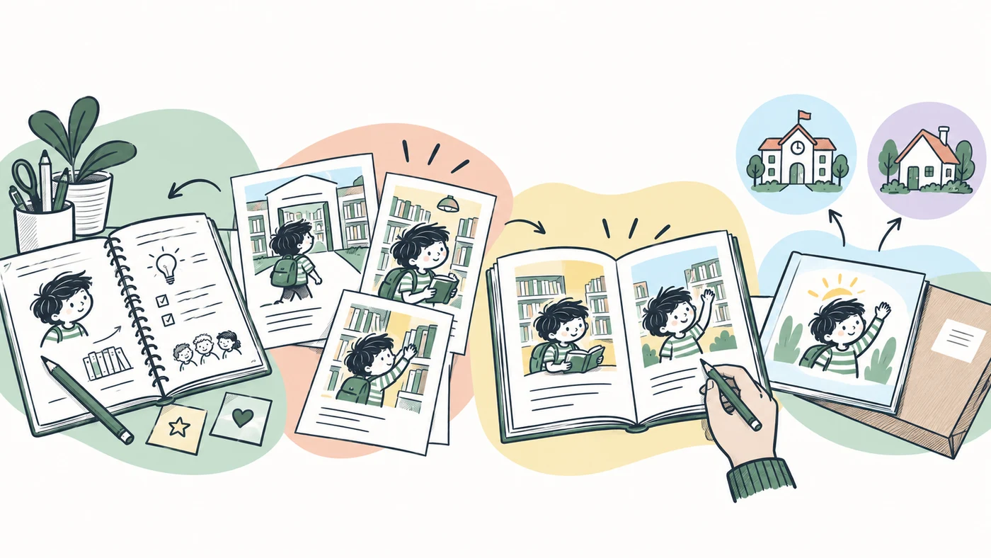 Hand-drawn planning notebook, illustrated library story pages, reviewed picture book, and book mailer beside school and home symbols