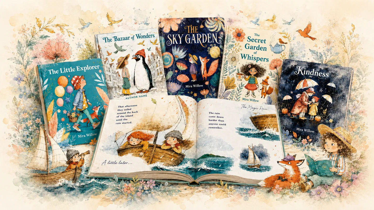 Occibo AI children's book creator showing illustrated book covers, layout pages, and print ready export workflow