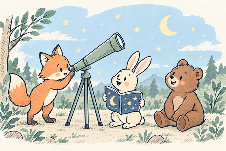 An imaginary fox, rabbit, and bear share a telescope and a book of stars in a custom story about curiosity and taking turns.