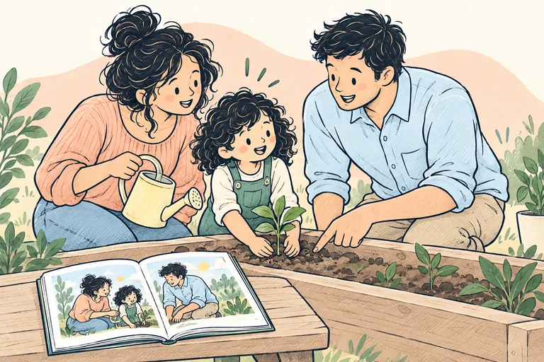A young mother and father plant a seedling with their child, with the same family memory illustrated in an open personal storybook.