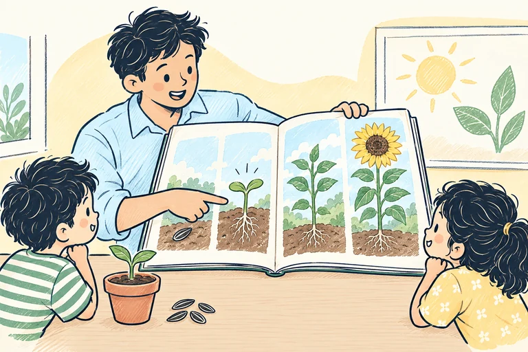 A teacher showing two students a topic storybook with four stages of sunflower growth, from seed to flowering plant.