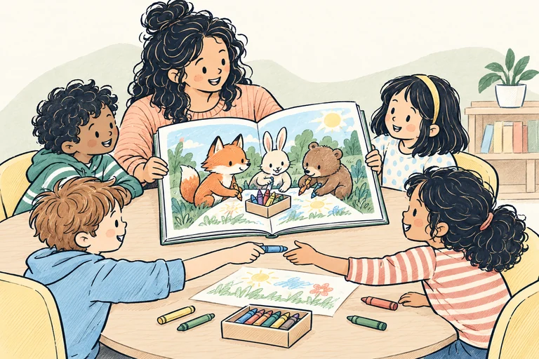 A teacher and four children sharing a story about animal friends using crayons together, while two classmates pass a crayon across their shared drawing.