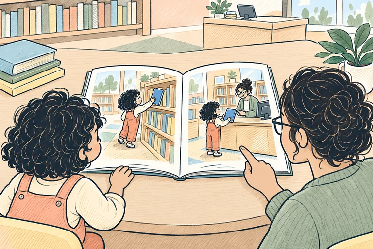A student and teacher seen from behind, reading an open storybook facing them with pictures of choosing and borrowing a library book.