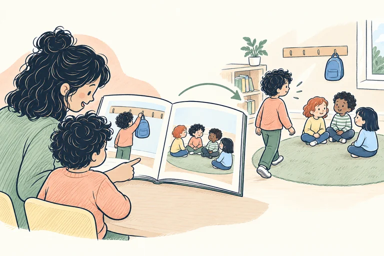 Seen over their shoulders, a teacher and child read an upright picture storybook facing them about a backpack routine and class circle; beside them, the child approaches classmates on the rug